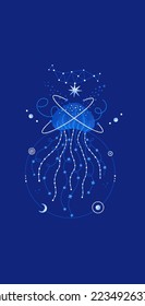 Cosmic jellyfish. Magic underwater life. Space marine composition. Ocean creatures decorated with stars, constellations. Blue, white colors. Illustration for t-shirt, cover, poster, sticker svg