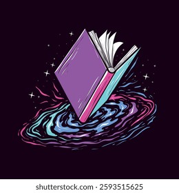 Cosmic Knowledge – Hand-Drawn Book Floating in a Galactic Vortex vector illustration