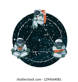 Cosmic knowledge sources reading books, analysis thinking and zen meditation on space with stars. Print, poster, art vector illustration background. Stars constellations and signs of the zodiac.