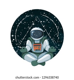 Cosmic knowledge zen meditation in space with stars round isolated on white. Print, poster, art vector illustration background. Stars constellations and signs of the zodiac.