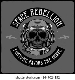 Cosmic label with illustration of the astronaut skull in the helmet. Vector illustration. T-shirt or poster design.