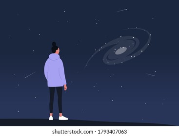Cosmic landscape, astronomy science, a young female character observing a spiral galaxy on a dark sky