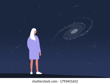 Cosmic landscape, astronomy science, a young female character observing a spiral galaxy on a dark sky