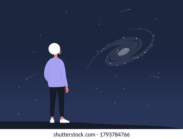 Cosmic landscape, astronomy science, a young indian male character observing a spiral galaxy on a dark sky