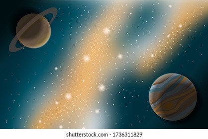 
Cosmic landscape and background. Concept for a great conjunction. Jupiter and Saturn.