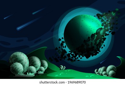 A cosmic landscape with comets and a green planet. The asteroid belt around the planet. A section of the planet's surface with unusual mushrooms