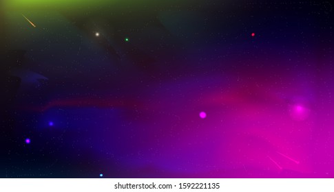 Cosmic landscape. Distant stars and planets. Galaxies. Milky Way. Realistic vector stock illustration. Space. Abstract background. Purple and purple blurry colors.