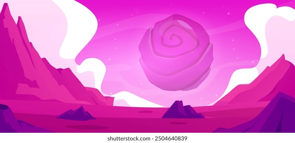 Cosmic landscape, dusk or dawn desert surface with mountains and rocks on pink starry sky. Fantasy space alien planet. Cartoon extraterrestrial vector illustration, fantastic galaxy game background