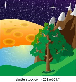 Cosmic landscape of a lone tree over an abyss