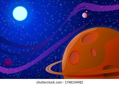 Cosmic landscape, sun, unknown planet, stars and galaxies, simple flat vector illustration.