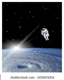 Cosmic landscape, view on the Earth and astronaut. Vector low poly art.