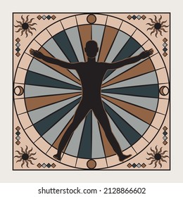 Cosmic Leonardo da Vinci Pose with Mystical Elements in Vector, featuring the Sun and Moon.

