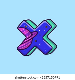 Cosmic Letter X Cartoon Vector Illustration. Science Technology Concept. Flat Cartoon Outline Style.