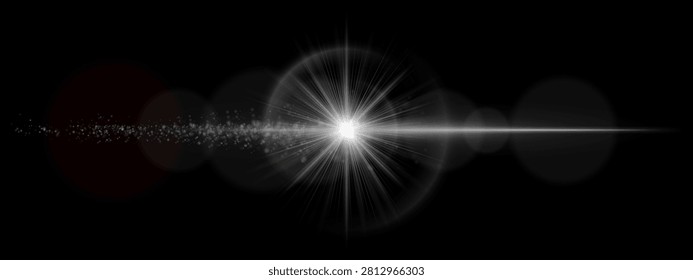 Cosmic light flare. Stellar burst, radiant beam, sparkle dust, lens reflections, deep space atmosphere, science fiction scene, visual effects, digital composition, transparency, cinematic graphics