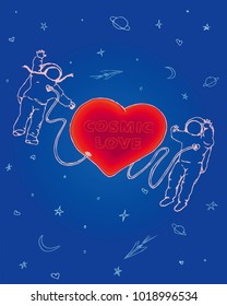 Cosmic love - astronauts hovering over Red Heart - vector illustration