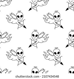 Cosmic love background. UFO, alien cupid, seamless pattern in doodle style. Contour illustrations. Print sample for fabric, wallpaper