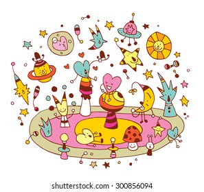 cosmic love group of cartoon characters illustration