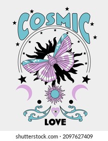 Cosmic Love slogan with mystical butterfly illustration for t-shirt prints and other uses. 
Mystical(sun,butterfly) illustrations.