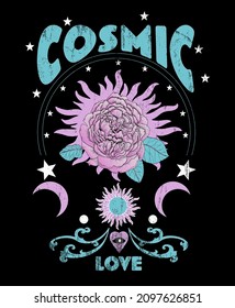 Cosmic Love slogan with mystical illustration for t-shirt prints and other uses. 
Mystical(sun,flower) illustrations.