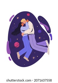 Cosmic love. Vector cartoon flat illustration of kissing young couple of man and woman, floating in zero gravity in space, surrounded by planets and stars
