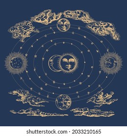 Cosmic machinery in engraving style. Heavenly sphere concept, vector graphic illustration. Esoteric drawings of Sun, Moon and Crescent in clouds.