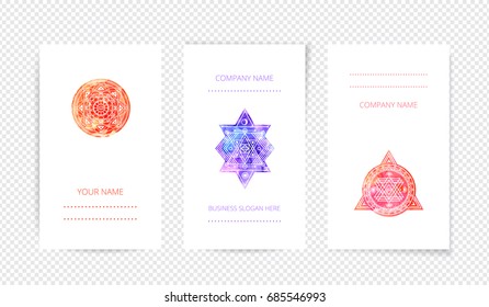 Cosmic mandala cards with transparent
 shadow . Watercolor vector template .Sacred geometry, print design. 