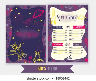 Cosmic meals Kids menu. Cute colorful hand drawn vector template. Design for party, Kids menu for cafe with monsters, astronaut. 