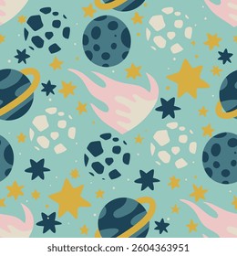 Cosmic Meteor and Planets Seamless Pattern 
