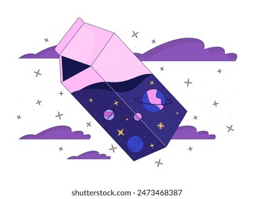 Cosmic milk in night sky 2D linear illustration concept. Abstract dream. Lo fi vibe fantasy cartoon scene isolated on white. Outer space view in box metaphor abstract flat vector outline graphic