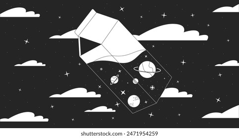 Cosmic milk in night sky black and white lofi wallpaper. Transparent pack with planets and stars 2D outline cartoon flat illustration. Dream about space vector line lo fi aesthetic background