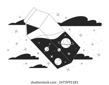 Cosmic milk in night sky black and white 2D illustration concept. Abstract dream. Lo fi vibe fantasy cartoon outline scene isolated on white. Outer space view in box metaphor monochrome vector art