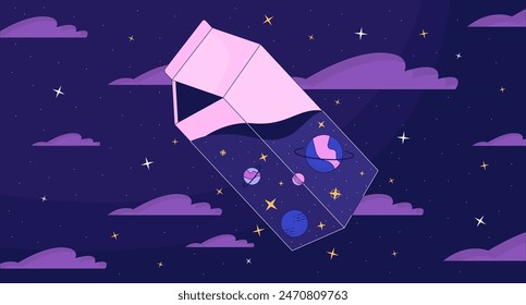 Cosmic milk in night sky lofi wallpaper. Transparent pack with planets and stars 2D cartoon flat illustration. Dream about space exploration chill vector art, lo fi aesthetic colorful background