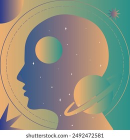 Cosmic Mind Illustration concept. Silhouette filled with celestial elements like planets and stars. Perfect for inspirational posters, digital art, and social media content.