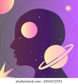Cosmic Mind Illustration concept. Silhouette filled with celestial elements like planets and stars. Perfect for inspirational posters, digital art, and social media content.