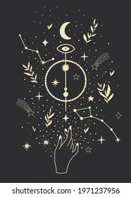 Cosmic minimalistic background. Contemporary modern minimalistic boho background with stars, comets shapes. Trendy vector illustration