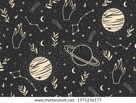 Cosmic minimalistic seamless pattern. Contemporary modern minimalistic seamless pattern. Space boho background with stars, comets shapes. Trendy vector illustration perfect for prints