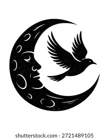 Cosmic Moon Face and Flying Bird Textured Vector Silhouette