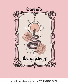 Cosmic Mystery slogan with mystical Snake illustration for t-shirt prints and other uses. 
Mystical(sun,snake) illustrations.