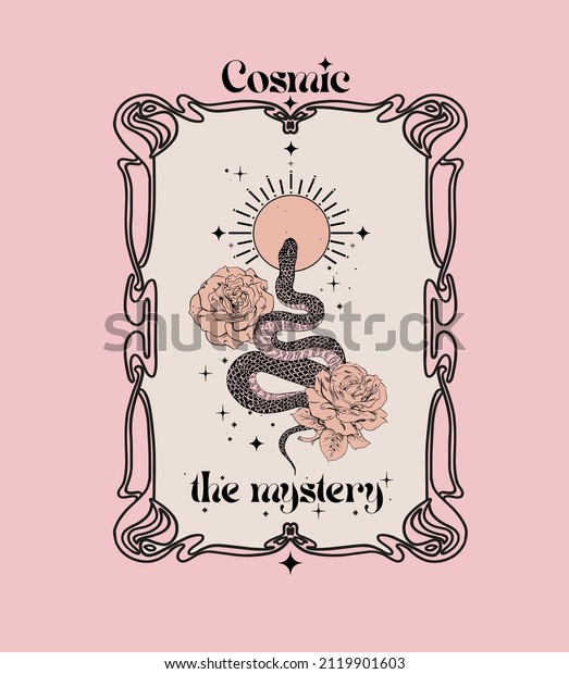 Cosmic Mystery slogan with mystical Snake\
illustration for t-shirt prints and other uses.\
\
Mystical(sun,snake)\
illustrations.