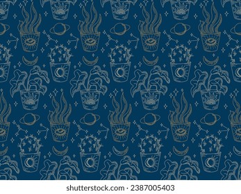 Cosmic mystical flat seamless pattern with home plants. Linear hand drawn esoteric elements on blue background. Good for background, wrapping, textile, background, scrapbooking