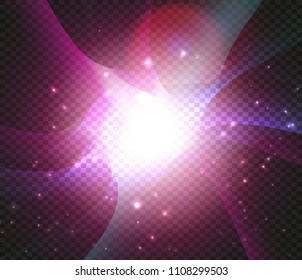Cosmic nebula backdrop. Magic galaxy background. Bright fantasy purple space on black background with stars. Big bang, milky way vector illustration.