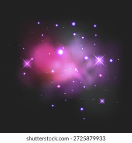 Nebulosa cósmica em tons de azul profundo, roxo e rosa. O design apresenta uma nuvem de galáxia brilhante espalhada com estrelas brilhantes cintilantes e erupções de luz etérea contra um fundo escuro. Fundo astronômico