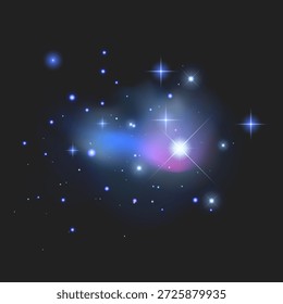 Cosmic nebula in deep blue, purple, and pink tones. The design features a glowing galaxy cloud scattered with bright twinkling stars and ethereal light flares against a dark background. Astronomical background