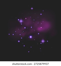 Cosmic nebula in deep blue, purple, and pink tones. The design features a glowing galaxy cloud scattered with bright twinkling stars and ethereal light flares against a dark background. Astronomical background