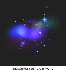 Cosmic nebula in deep blue, purple, and pink tones. The design features a glowing galaxy cloud scattered with bright twinkling stars and ethereal light flares against a dark background. Astronomical background