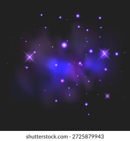 Cosmic nebula in deep blue, purple, and pink tones. The design features a glowing galaxy cloud scattered with bright twinkling stars and ethereal light flares against a dark background. Astronomical background