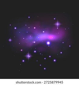 Nebulosa cósmica en tonos azul profundo, púrpura y rosa. El diseño presenta una nube de galaxia brillante dispersa con brillantes estrellas centelleantes y destellos de luz etérea contra un fondo oscuro. Fondo astronómico