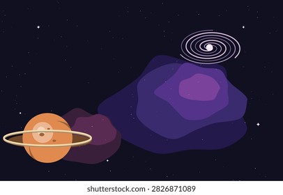 Cosmic nebula galaxy science background with glowing spiral galaxy, ringed planet and starfield on deep space gradient, premium vector illustration for astronomy and space exploration themes