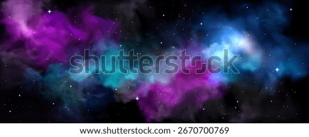 Cosmic nebula with vibrant purple and blue gas clouds - space background with stars, planet atmosphere and interstellar dust. Galaxy scenery for fiction astronomy wallpapers and universe designs.