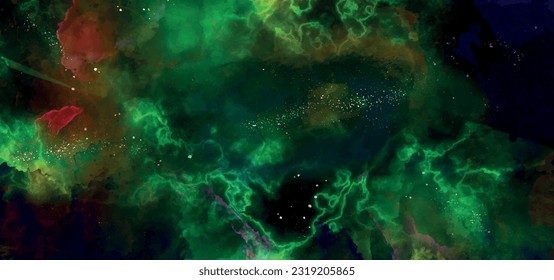 Cosmic neon dark green watercolor background. Paper textured aquarelle deep black canvas for modern creative design. Watercolor background Space, nebula, night Star sky posters, banners, web design